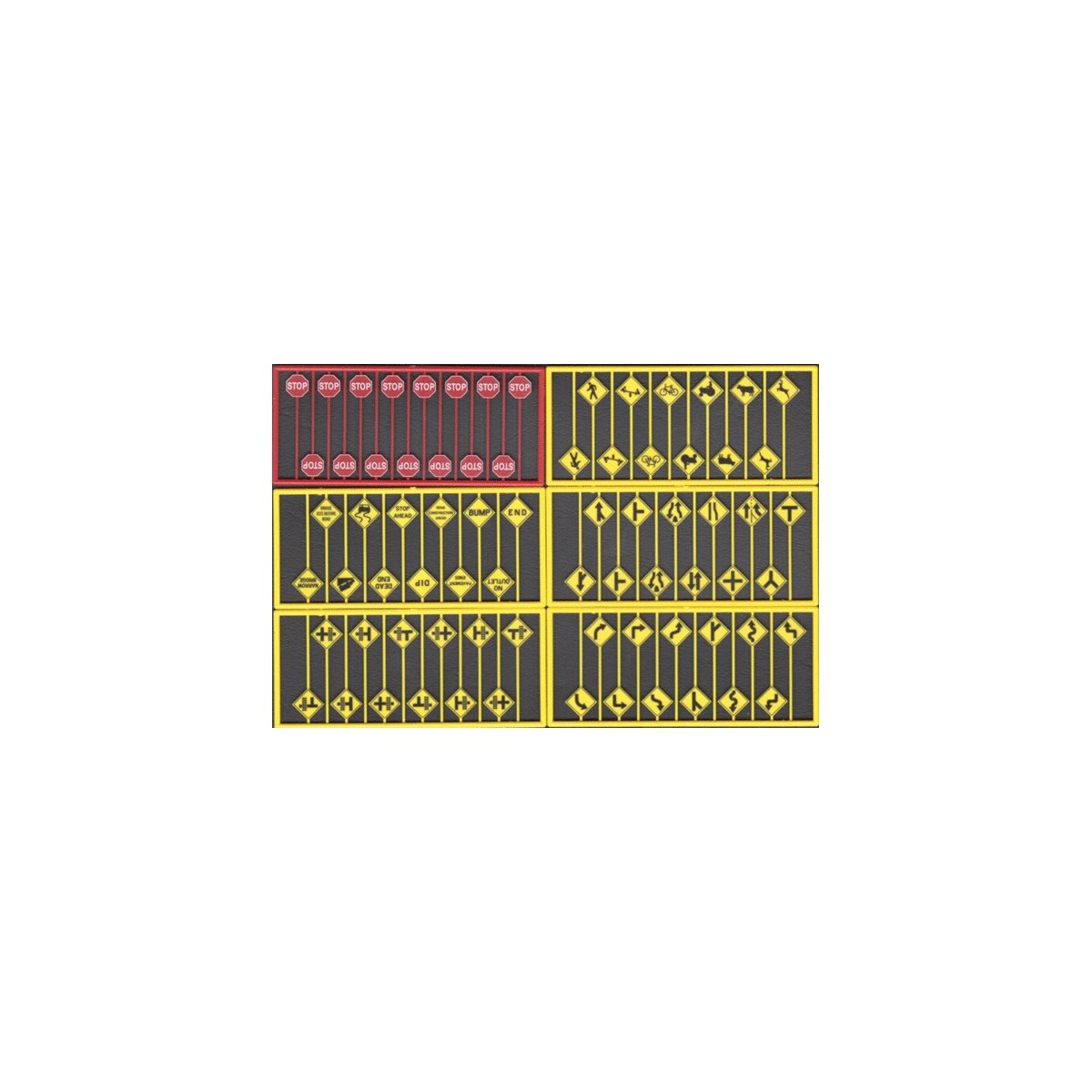 Modern Road Sign Assortment -- 15 Red Stop Signs, 60 Warning Signs - 1 Each of Sets 293-8247, 8, HO, Tichy Train Group 8257