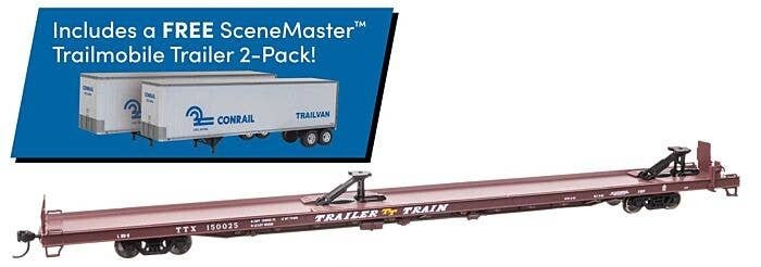 89′ Channel Side Flatcar w/2 Trailmobile Trailers - Ready to Run -- Trailer-Train TTX 150025 (Boxcar Red Conrail Trailers), HO