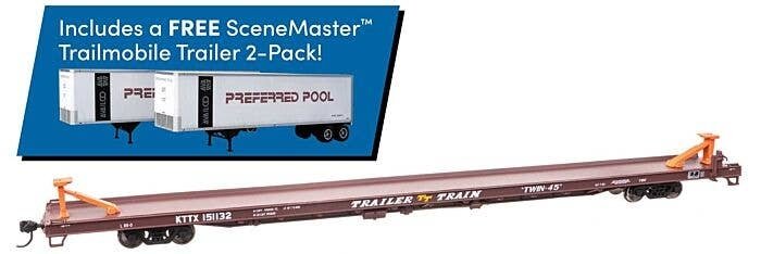 89′ Channel Side Flatcar w/2 Trailmobile Trailers - Ready to Run -- Trailer-Train KTTX 150120 (Boxcar Red Preferred Pool Trail