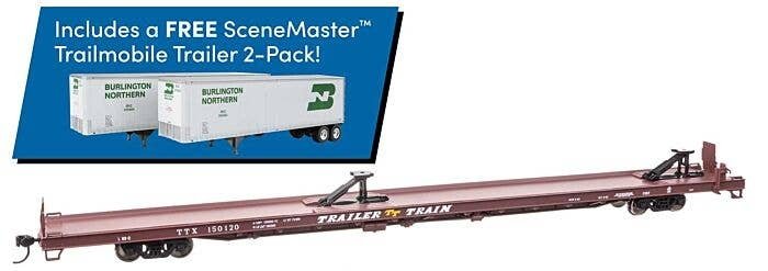 89′ Channel Side Flatcar w/2 Trailmobile Trailers - Ready to Run -- Trailer-Train TTX 150120 (Boxcar Red Burlington Northern T