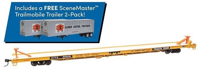 89′ Channel Side Flatcar w/2 Trailmobile Trailers - Ready to Run -- Trailer-Train KTTX 150530 (yellow, black Illinois Central 