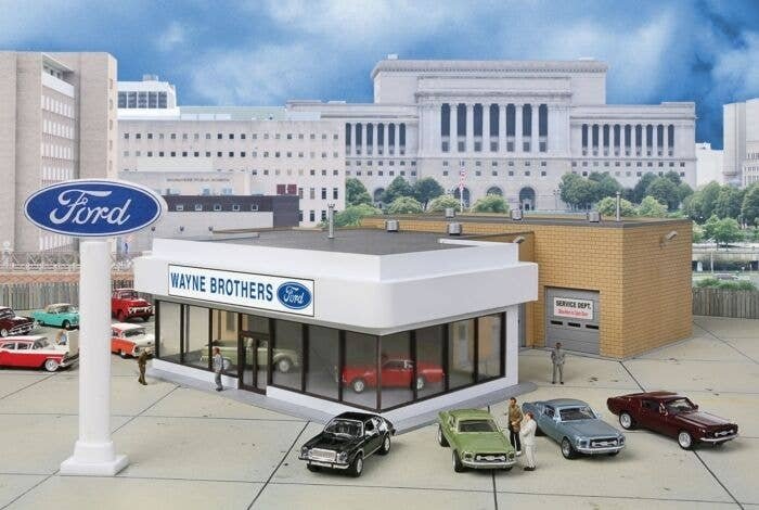 Wayne Bros. Ford Dealership -- Kit - 8-7/8 x 12-1/8 x 3-7/8′ 22.5 x 30 x 9.8cm, HO, Walthers Cornerstone 3483