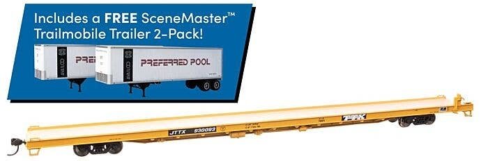 89′ Channel Side Flatcar w/2 Trailmobile Trailers - Ready to Run -- TTX JTTX 930093 (yellow, black Preferred Pool Trailers), H