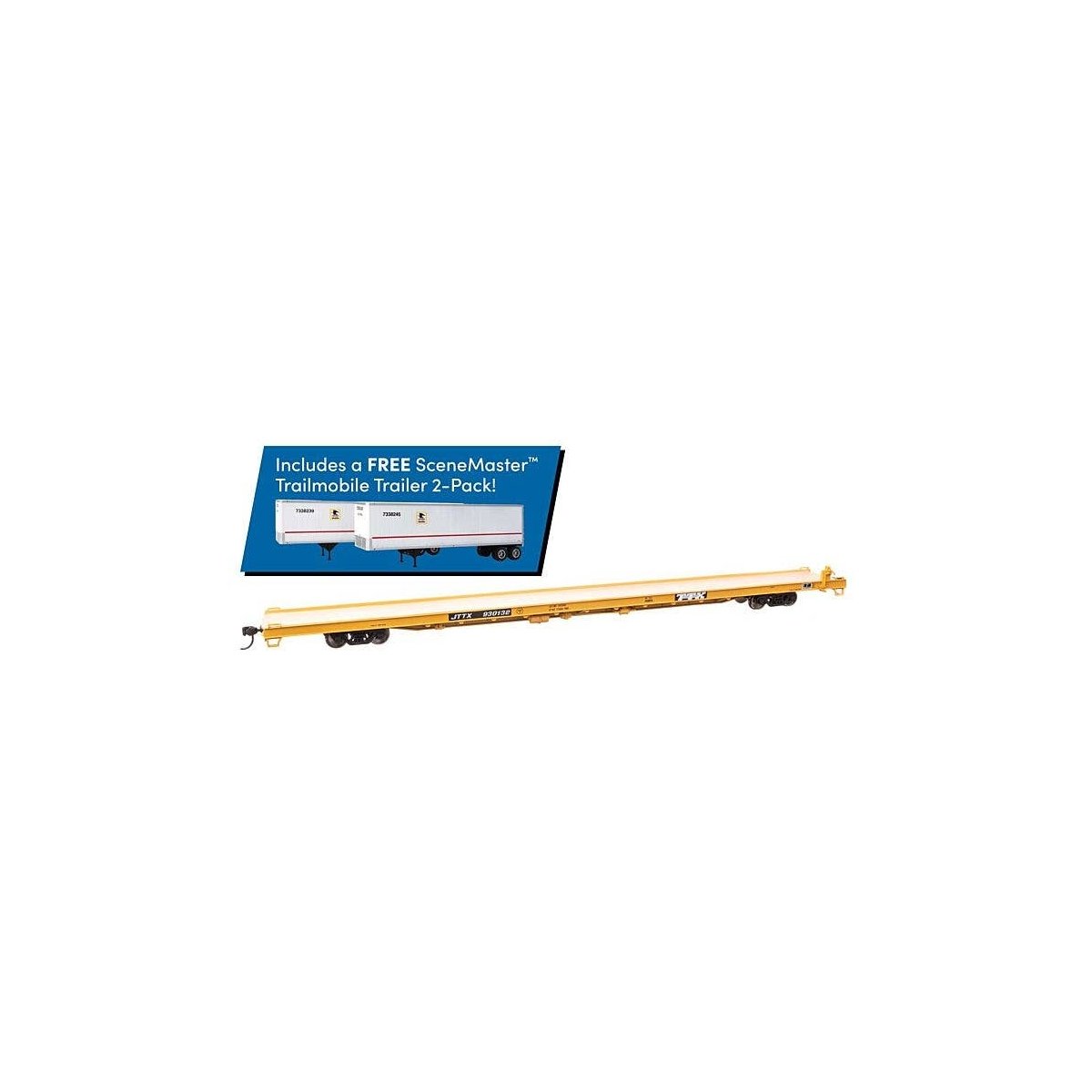 89′ Channel Side Flatcar w/2 Trailmobile Trailers - Ready to Run -- TTX JTTX 930132 (yellow, black US Post Office Trailers), H