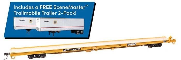 89′ Channel Side Flatcar w/2 Trailmobile Trailers - Ready to Run -- TTX JTTX 930132 (yellow, black US Post Office Trailers), H