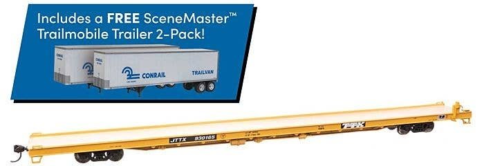 89′ Channel Side Flatcar w/2 Trailmobile Trailers - Ready to Run -- TTX JTTX 930165 (yellow, black Conrail Trailers), HO, Walt