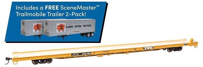 89′ Channel Side Flatcar w/2 Trailmobile Trailers - Ready to Run -- TTX JTTX 930188 (yellow, black Illinois Central Trailers),
