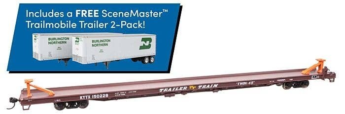 89′ Channel Side Flatcar w/2 Trailmobile Trailers - Ready to Run -- Trailer-Train KTTX 150228 (Boxcar Red Burlington Northern 