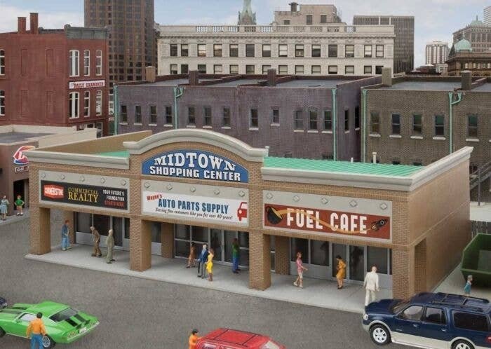 Modern Shopping Center II -- Kit - 10-1/2 x 4-15/16 x 3-1/2′ 26.6 x 12.5 x 8.8cm, HO, Walthers Cornerstone 4116