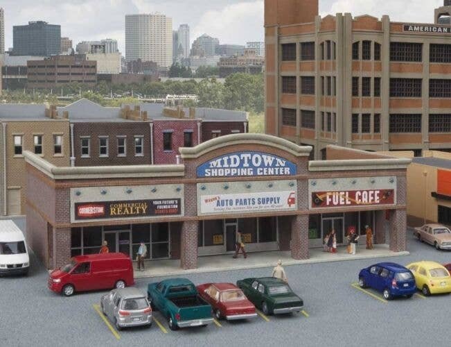Modern Shopping Center I -- Kit - 6-1/4 x 3 x 2-1/8′ 15.8 x 7.6 x 5.3cm, N, Walthers Cornerstone 3891