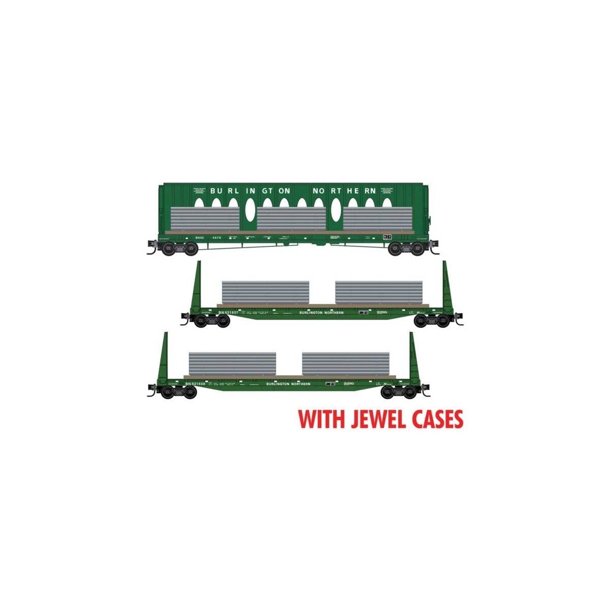 60` Centerbeam & 2 61`8` Bulkhead Flatcars w/Ingot Load -- Burlington Northern 624676, 621607, 621608 (Cascade Green, Undec Load