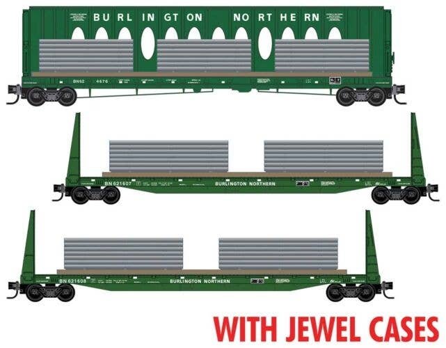 60` Centerbeam & 2 61`8` Bulkhead Flatcars w/Ingot Load -- Burlington Northern 624676, 621607, 621608 (Cascade Green, Undec Load