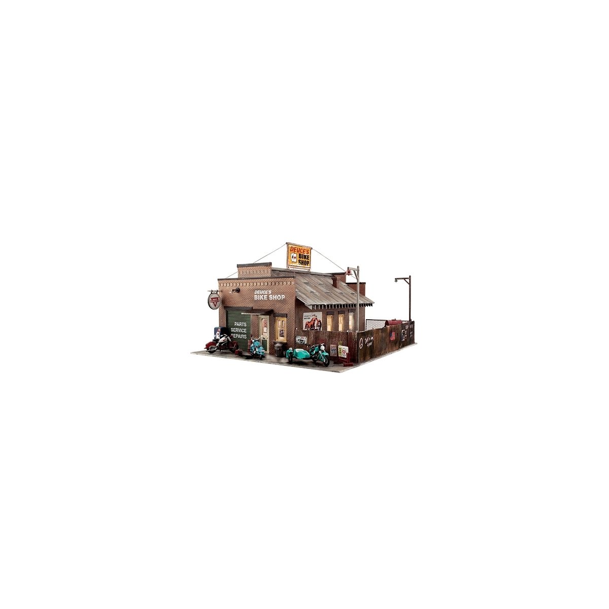Deuce`s Cycle Shop - Built-&-Ready Landmark Structures(R) -- Assembled - 11-3/4 x 10` 29.8 x 25., O, Woodland Scenics 5846