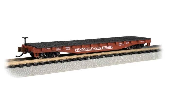 52` Steel Flatcar - Ready to Run -- Santa Fe 90852 (red, white `Super Shock Control` Slogan), N, Bachmann Industries 17351
