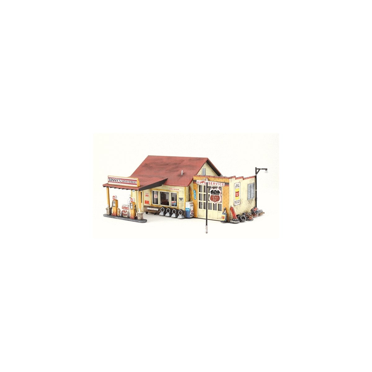 Sonny`s Super Service - Landmark Structures(R) -- Kit - 3-3/16 x 2-7/8` 8.09 x 7.36cm, N, Woodland Scenics 5203