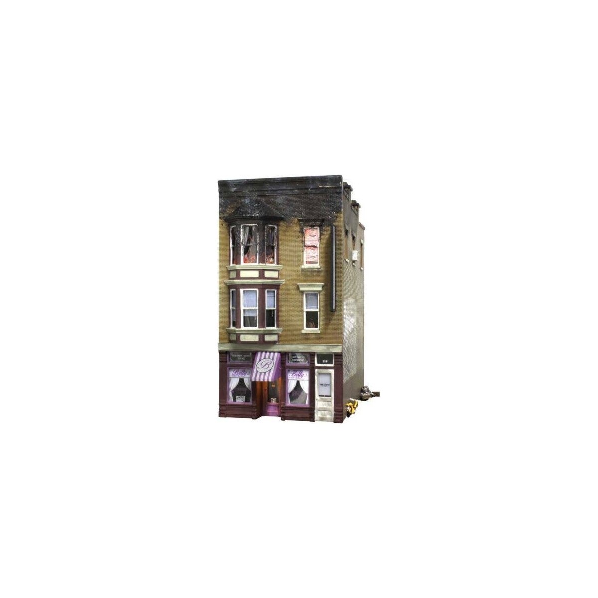 Betty′s Burning Building - Built & Ready Landmark Structures(R) -- Assembled & Lighted - 2 31/32, HO, Woodland Scenics 5051