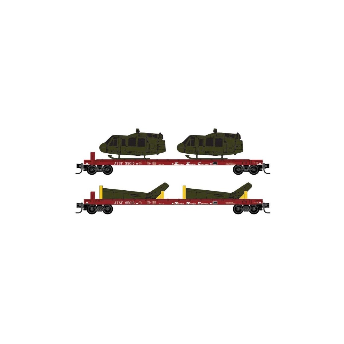 50′ Straight-Side Flatcar w/Helicopter Load 2-Pack - Ready to Run -- Santa Fe 95013, 95016 (red, Shock Control Markings), N, M