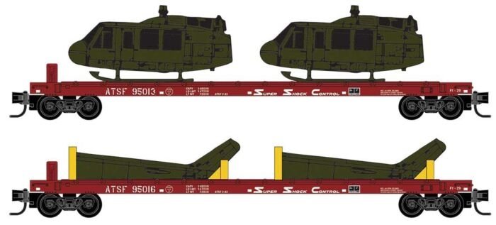 50′ Straight-Side Flatcar w/Helicopter Load 2-Pack - Ready to Run -- Santa Fe 95013, 95016 (red, Shock Control Markings), N, M