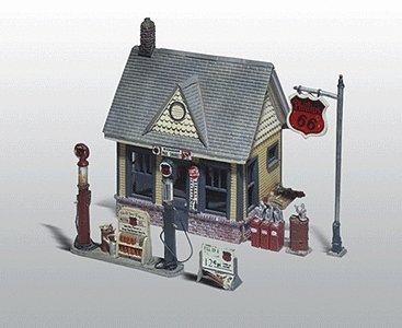 Scenic Details(R) -- Gas Station - Kit (Unpainted Metal) 4 x 2-7/8′ 10.2 x 7.3cm, HO, Woodland Scenics 223