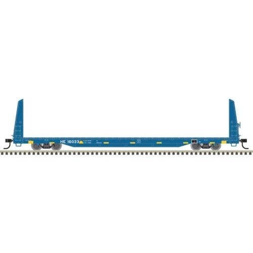 62′ Bulkhead Flatcar - Ready to Run -- Hollis & Eastern HE 16033 (blue), HO, Trainman 20007957