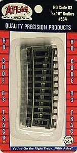 Code 83 Curved Snap Track -- 1/3 Section - 18′ Radius pkg(4), HO, Atlas Model Railroad Co. 534