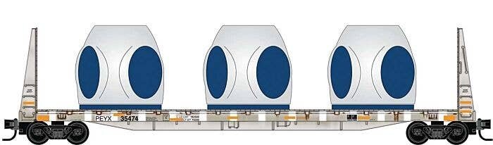61` 8` Bulkhead Flatcar w/Wind Turbine Blade Mounts - Ready to Run -- Transportation Technology Services PEYX 35474 (For BNSF Wi