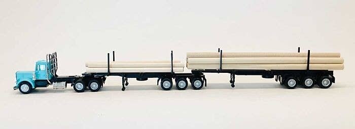 Peterbilt Super-B Tractor w/Log Trailer & Load - Assembled -- Light Blue, Black, HO, Herpa Models 6613