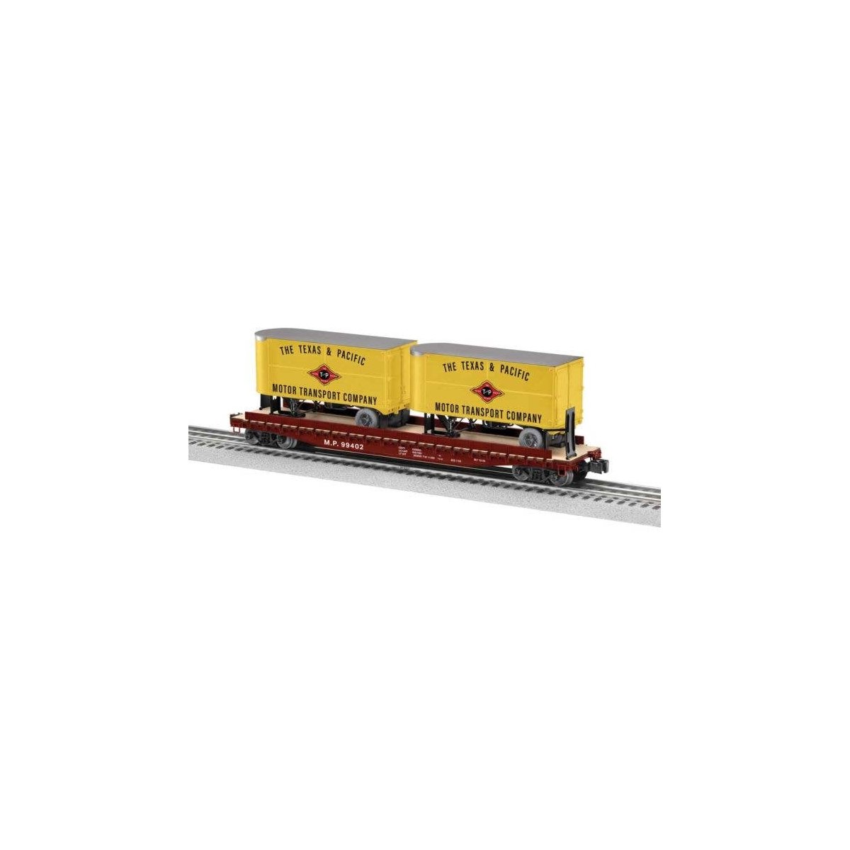 PS-4 50` TOFC Flatcar w/2 20` Piggyback Trailers - 3-Rail - Ready to Run -- Missouri Pacific 99402 (Boxcar Red, yellow T&P Trail