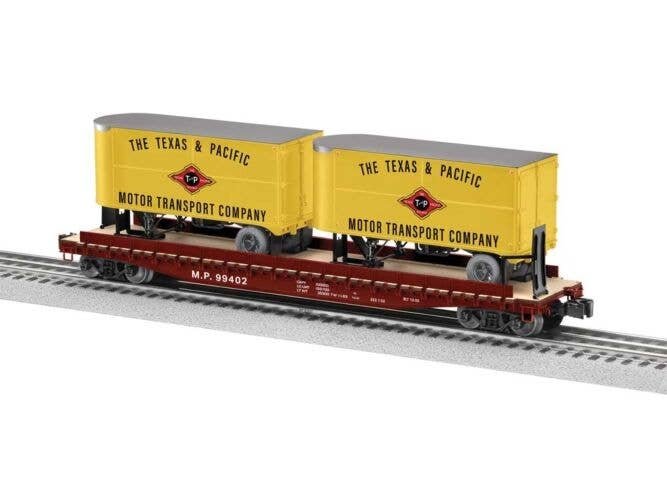 PS-4 50` TOFC Flatcar w/2 20` Piggyback Trailers - 3-Rail - Ready to Run -- Missouri Pacific 99402 (Boxcar Red, yellow T&P Trail