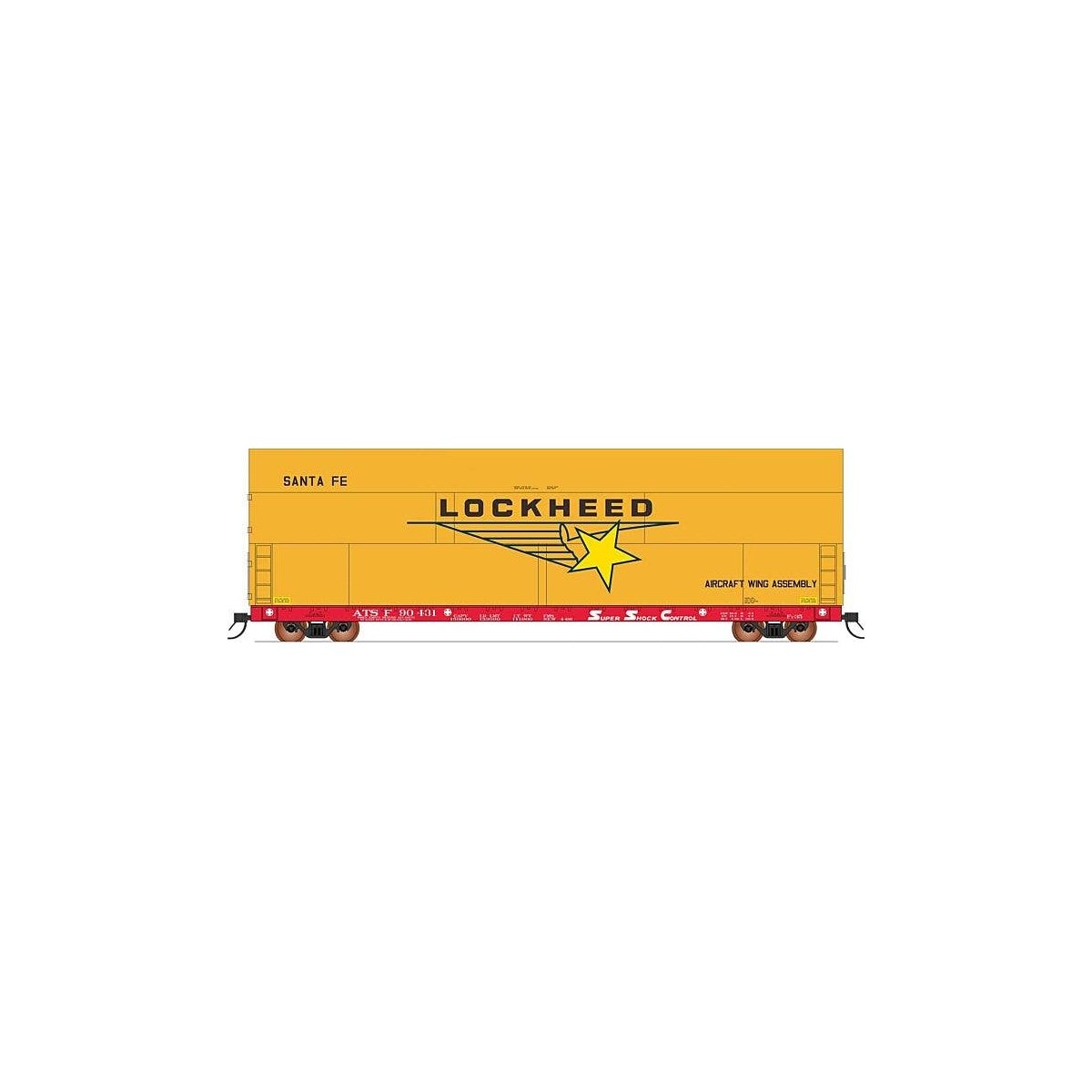 Sky Box Aerospace Flatcar with Cover - Ready to Run -- Santa Fe (red, white, Lockheed Cover, yellow), N, Intermountain Railway C