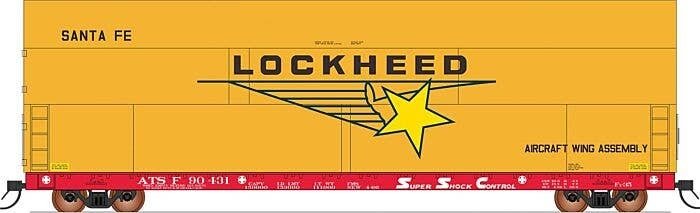 Sky Box Aerospace Flatcar with Cover - Ready to Run -- Santa Fe (red, white, Lockheed Cover, yellow), N, Intermountain Railway C