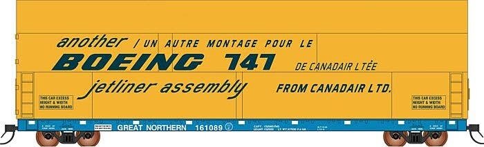Sky Box Aerospace Flatcar with Cover - Ready to Run -- Great Northern (blue, white, Boeing Cover, yellow), N, Intermountain Rail