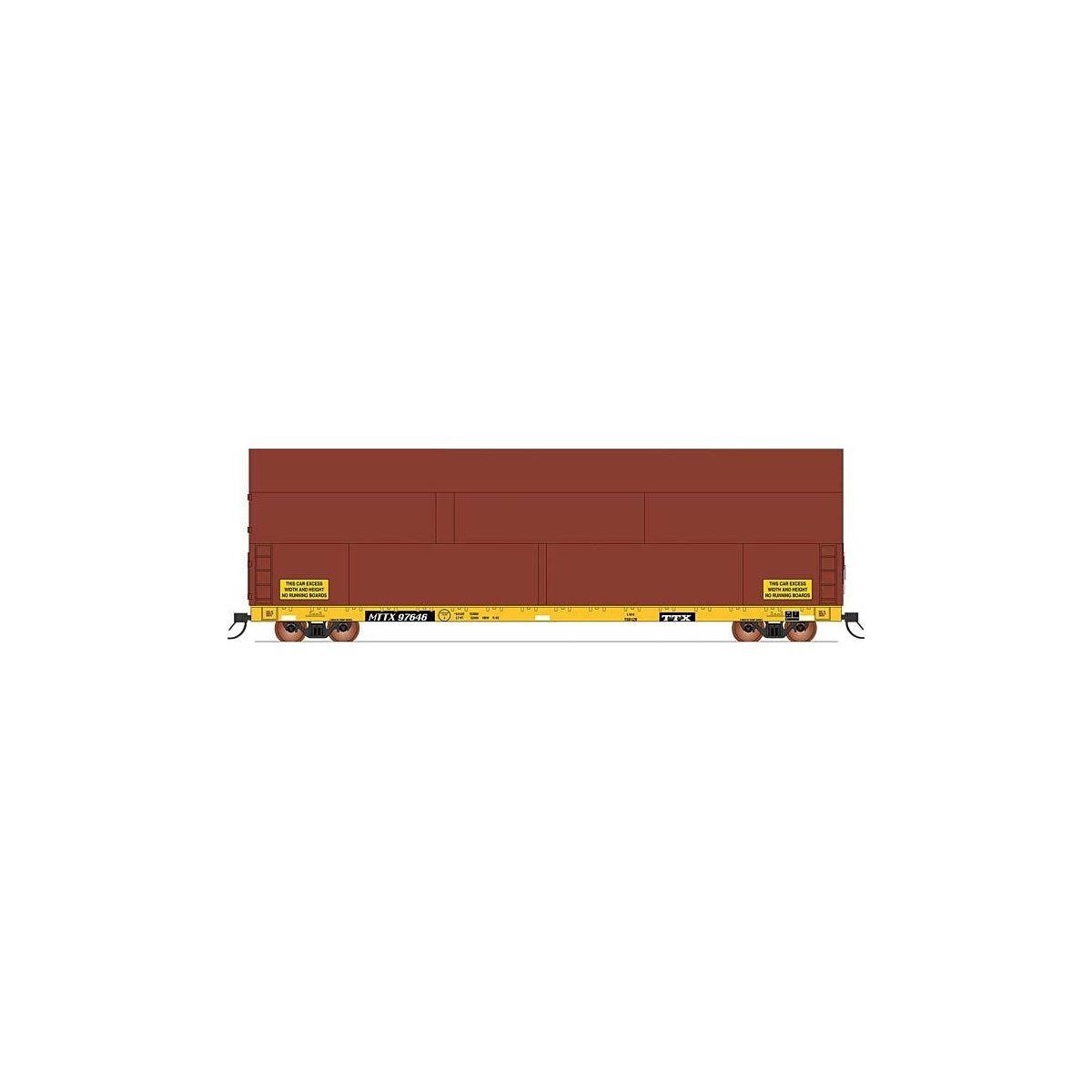 Sky Box Aerospace Flatcar with Cover - Ready to Run -- TTX MTTX (1990s, yellow, black, Boxcar Red Cover), N, Intermountain Railw