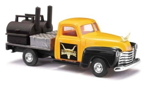 1950 Chevy Pickup Truck with BBQ Flatbed - Assembled -- King of Barbecue (yellow, black), HO, Busch Gmbh & Co Kg 48239