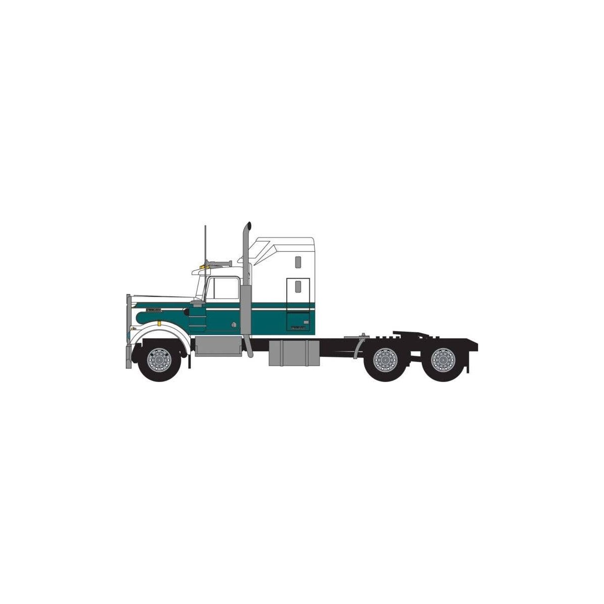 1970s Kenworth W900 Seminole Tractor w/60′ VIT Aerodyne Cab - Assembled -- White, Green, N, Trainworx Inc 49045
