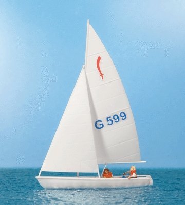 Korsar Sailboat w/2 Sailors -- Sails Up (white, red, blue), HO, Preiser Kg 10677