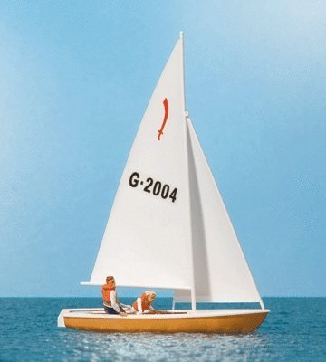 Korsar Sailboat w/Sailors -- Sails Up (white, red, blue), HO, Preiser Kg 10681