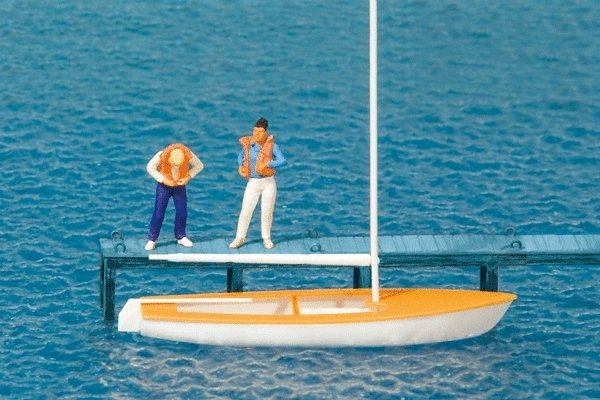 Korsar Sailboat w/2 Sailors Putting On Life Jackets -- Sails Down (white, yellow), HO, Preiser Kg 10678