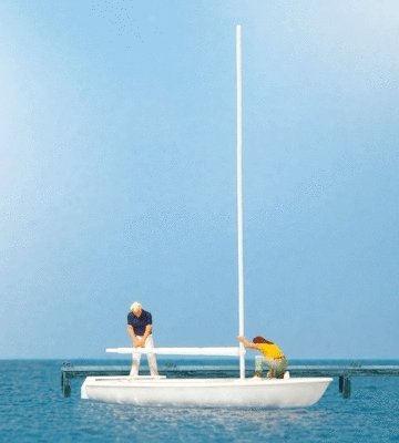 Korsar Sailboat w/Sailors Unrigging the Sails -- Sails Down (white, yellow), HO, Preiser Kg 10680