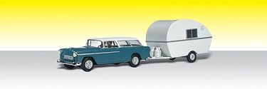 Thompson`s Travelin` Trailer - Assembled - AutoScenes(R) -- Station Wagon with Camper, N, Woodland Scenics 5328