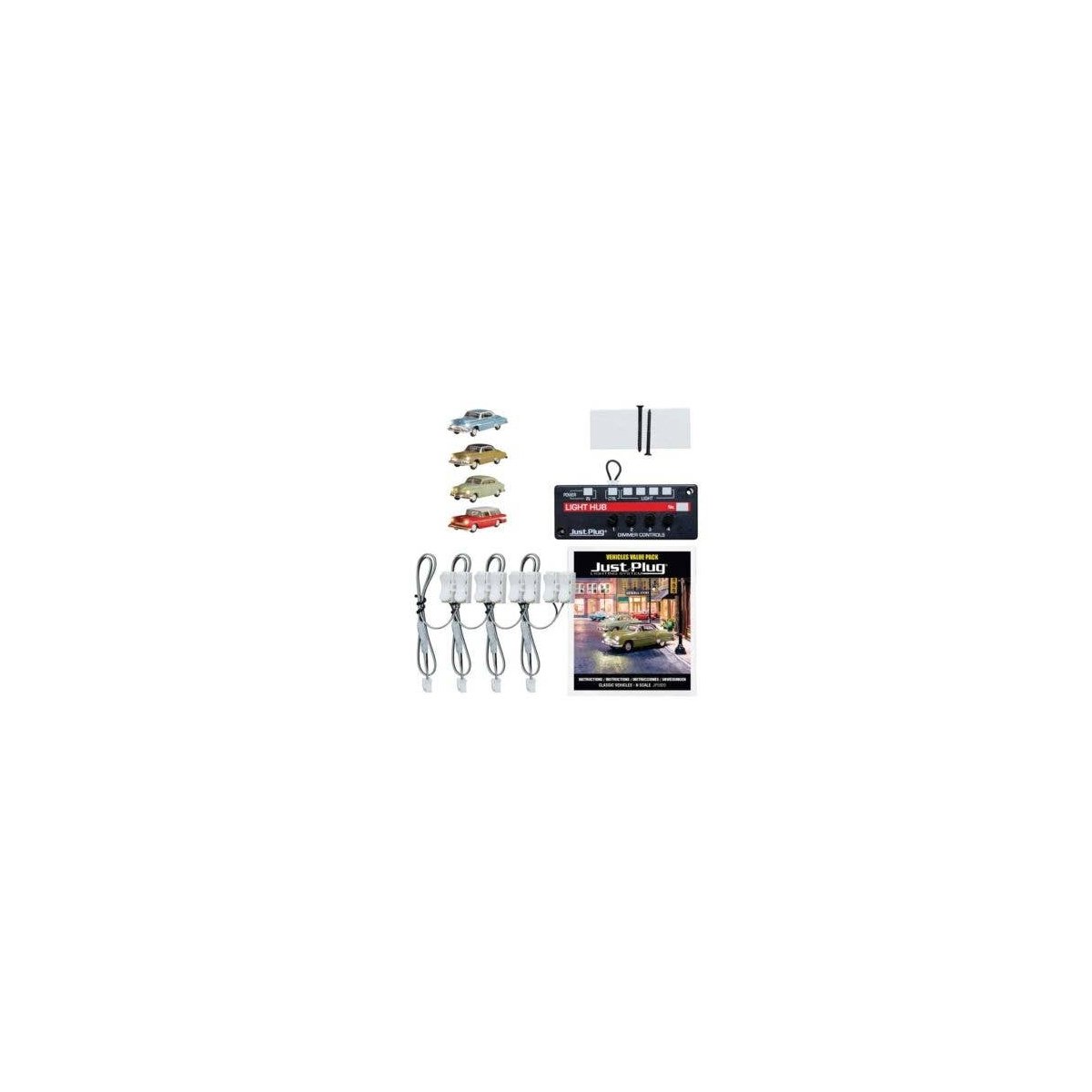 Classic Vehicles - Just Plug Value Pack -- 1 Each: Midnight Ride, Blue Coupe, Comfy Cruise, Downt, N, Woodland Scenics 5920
