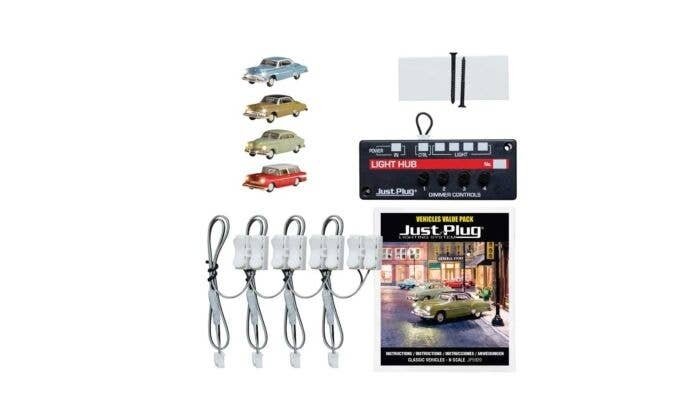 Classic Vehicles - Just Plug Value Pack -- 1 Each: Midnight Ride, Blue Coupe, Comfy Cruise, Downt, N, Woodland Scenics 5920