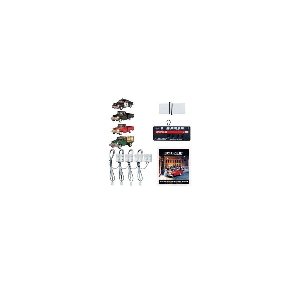 Work Vehicles - Just Plug Value Pack -- 1 Each: Police Car, Work Truck, Green Pickup, Henry Haul, HO, Woodland Scenics 5906