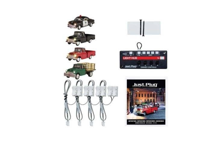 Work Vehicles - Just Plug Value Pack -- 1 Each: Police Car, Work Truck, Green Pickup, Henry Haul, HO, Woodland Scenics 5906