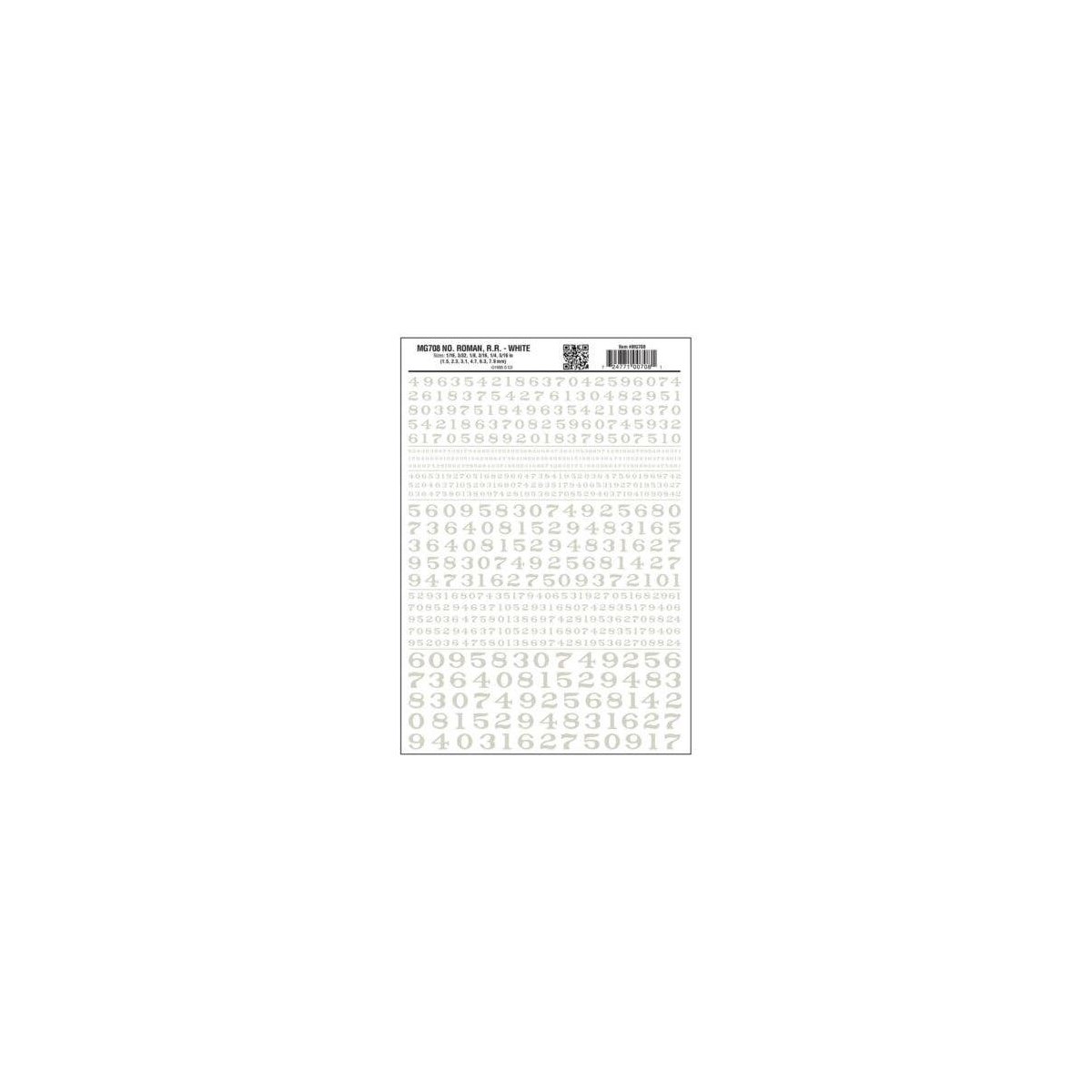 Dry Transfer Numbers - Railroad Roman - 1/16, 3/32, 1/8, 3/16, 1/4 & 5/16′ -- White, All Scales, Woodland Scenics 708