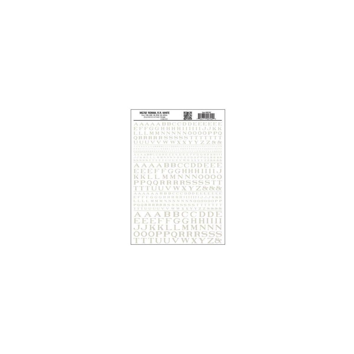 Dry Transfer Alphabet - Railroad Roman - 1/16, 3/32, 1/8, 3/16, 1/4 & 5/16′ -- White, All Scales, Woodland Scenics 702