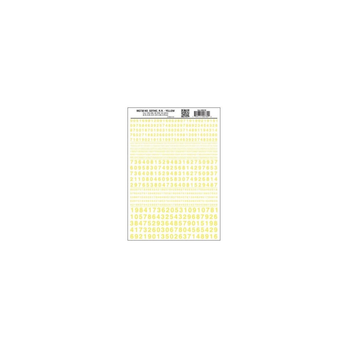 Dry Transfer Numbers Only - Railroad Gothic -- Yellow, All Scales, Woodland Scenics 730