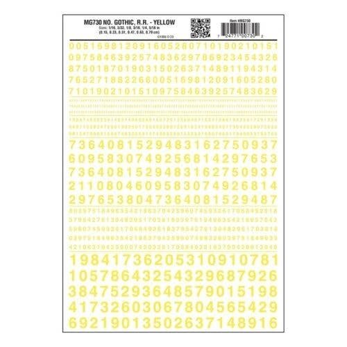 Dry Transfer Numbers Only - Railroad Gothic -- Yellow, All Scales, Woodland Scenics 730