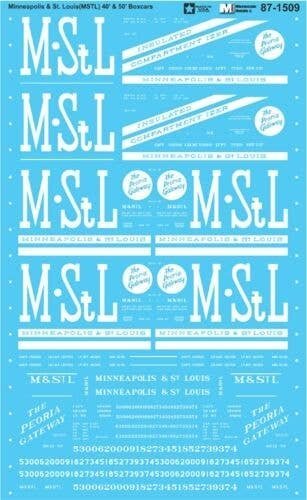 Railroad Decal Set -- Minneapolis & St. Louis MSTL 40` & 50` Boxcars, HO, Microscale Industries Inc 871509