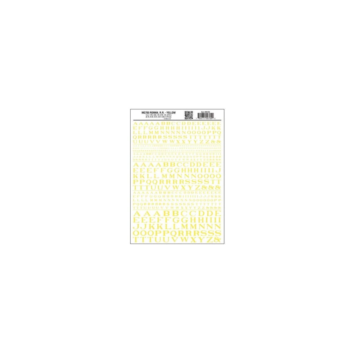 Dry Transfer Alphabet - Railroad Roman - 1/16, 3/32, 1/8, 3/16, 1/4 & 5/16′ -- Yellow, All Scales, Woodland Scenics 705